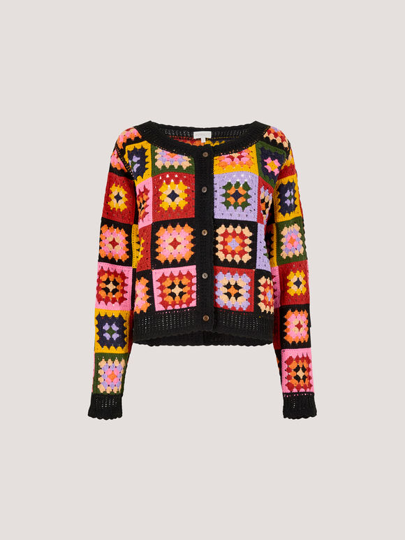 Colourful Crochet Squares Cardigan, Black, large