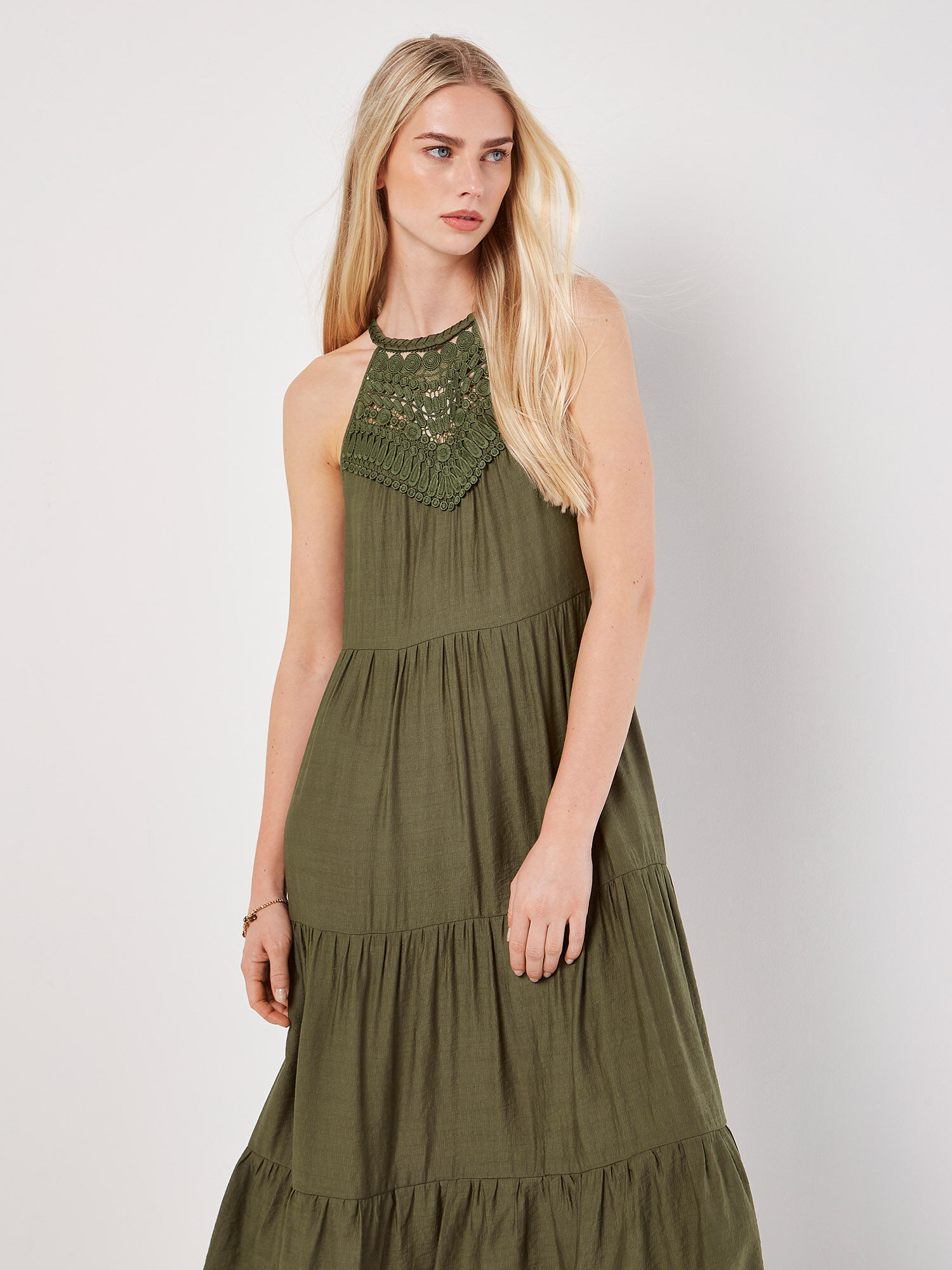 Lace Halter Neck Tiered Midi Dress Apricot Clothing
