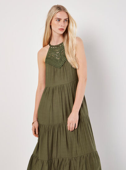 Lace Halter Neck Tiered Midi Dress