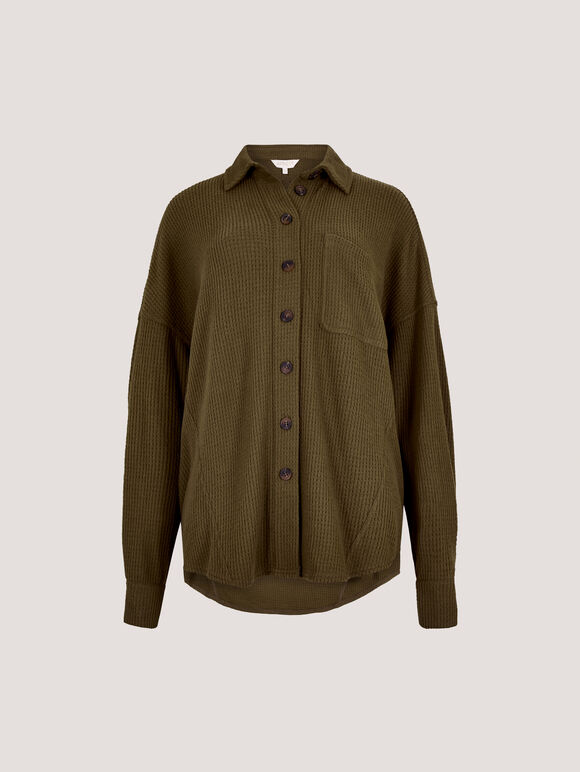 Oversized Waffle Knit Shirt, Khaki, large