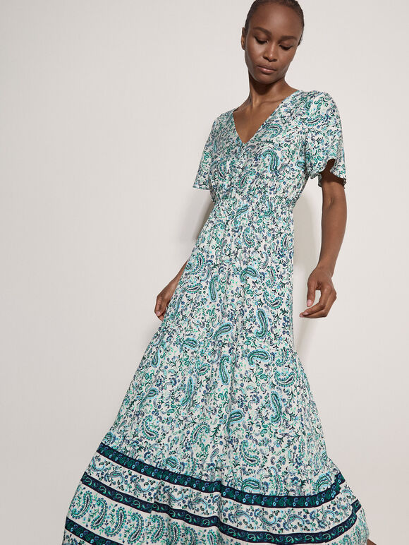 Paisley Print Tiered Maxi Dress, White, large