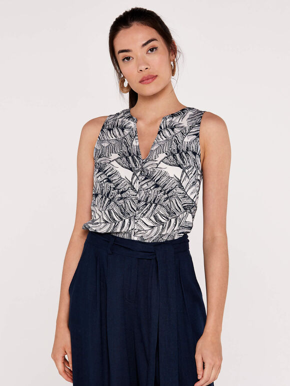 Tropical Print Button Top, Navy, large