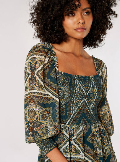 Scarf Print Milkmaid Midi Dress