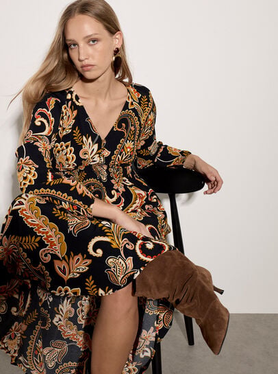 Crepe Folk Floral Midi Dress