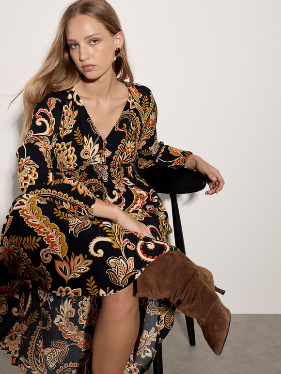 Crepe Folk Floral Midi Dress, Black, large