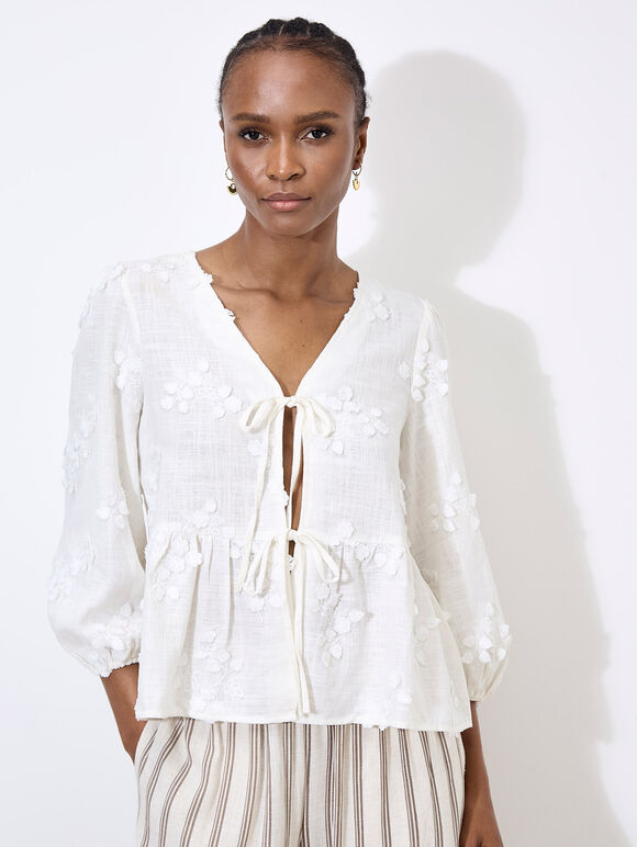 Floral Applique Tie Front Top, White, large