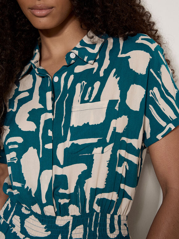 Geo Grecian Shirt Midi Dress, Teal, large