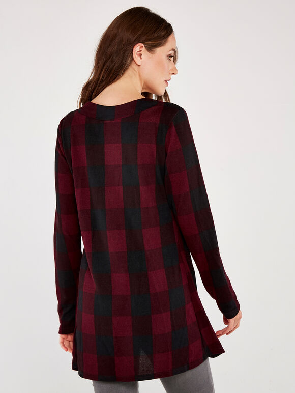 Gingham 5 Button Jersey Layer Top, Burgundy, large