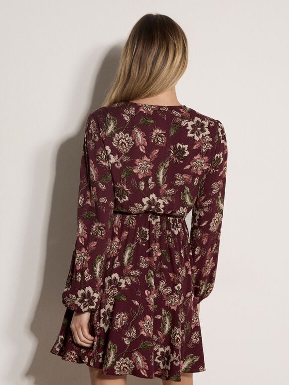 Folk Floral Mini Dress, Burgundy, large