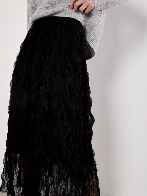 Wavy Tulle Midi Skirt, Black, large