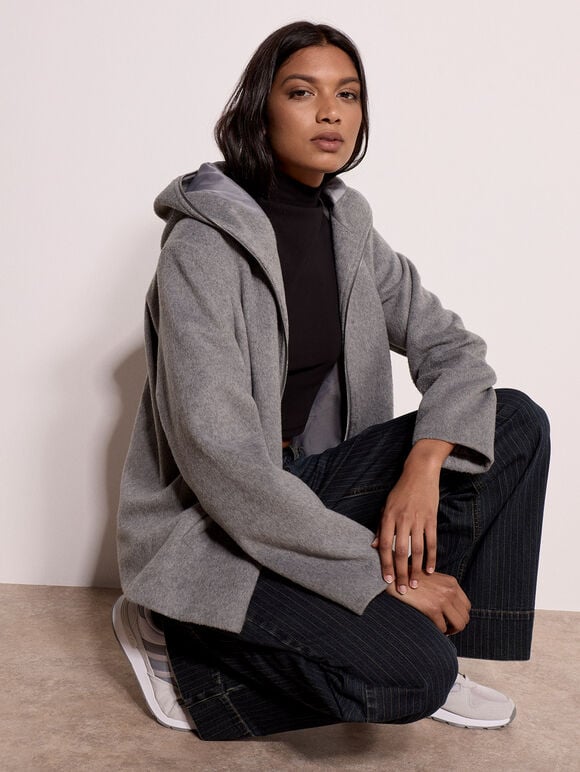 Wool-Look Hooded Jacket, Grey, large