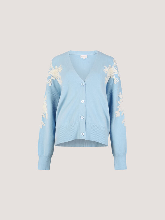 Floral Applique Cardigan, Sky Blue, large