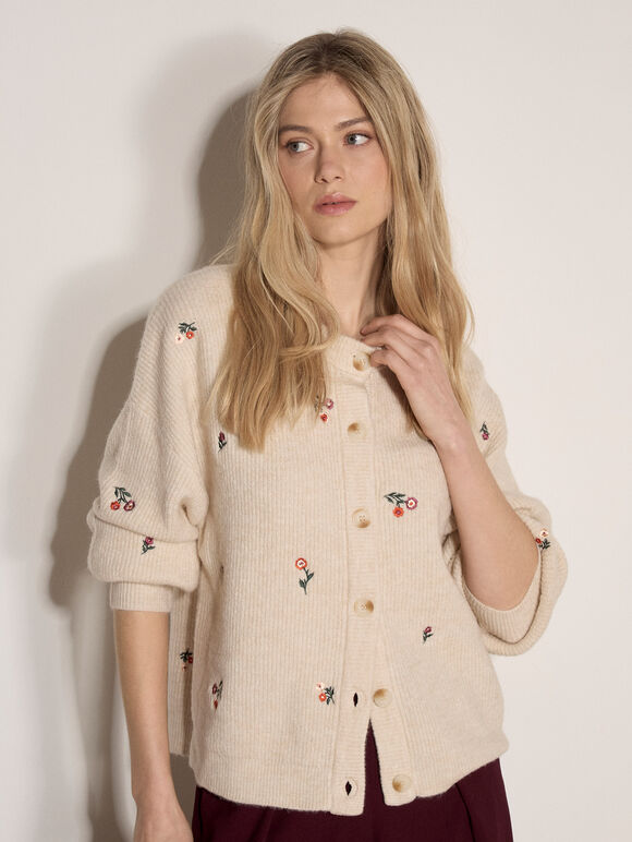 Soft Ribbed Knit Floral Embroidered Cardigan, Stone, large
