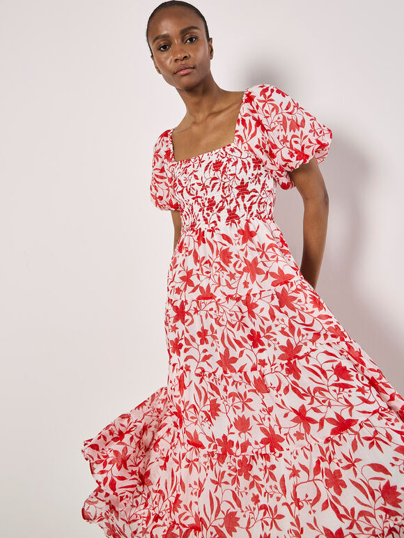 Sarasa Floral Tiered Midi Dress, Cream, large