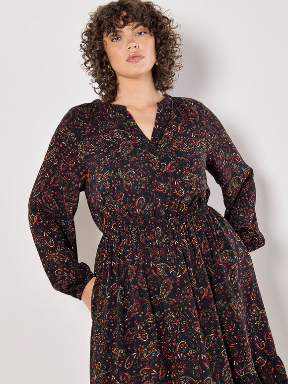 Curve Painterly Paisley Midi Dress, Black, large