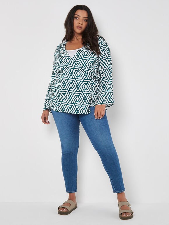 Curve Geo Print Wrap Top, Green, large