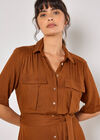 Linen Blend Utility Shirt Midi Dress, Brown, large