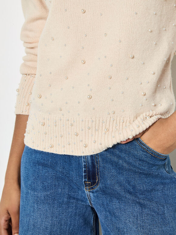 Pearl Embellished Ribbed Knit Jumper, Stone, large