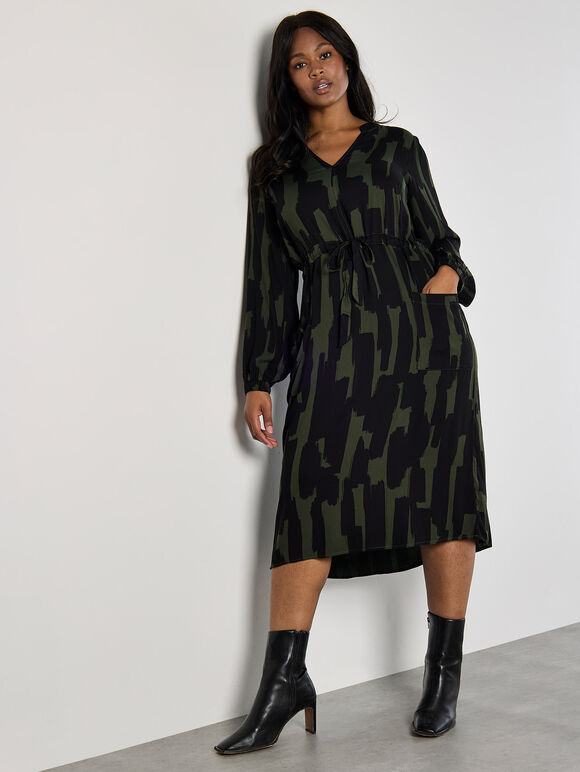 Curve Abstract Lines Midi Dress, Khaki, large
