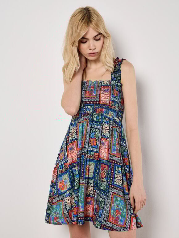 Postcard Floral Print Mini Dress, Navy, large