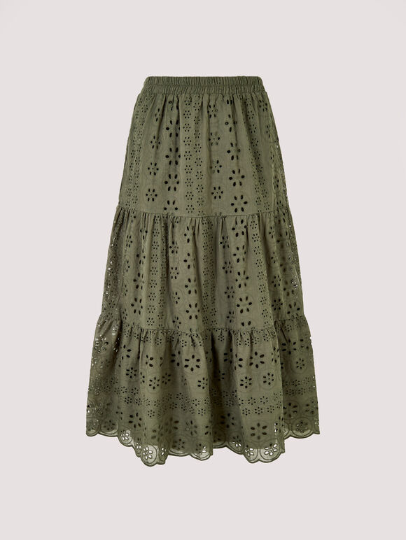 Broderie Anglaise Midi Skirt, Khaki, large