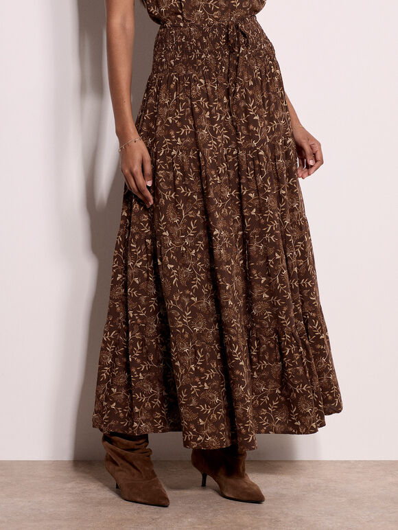 Painterly Paisley Tiered Maxi Skirt, Brown, large