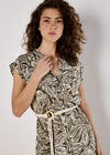 Leaf Print Rope Belt Mini Dress, Khaki, large