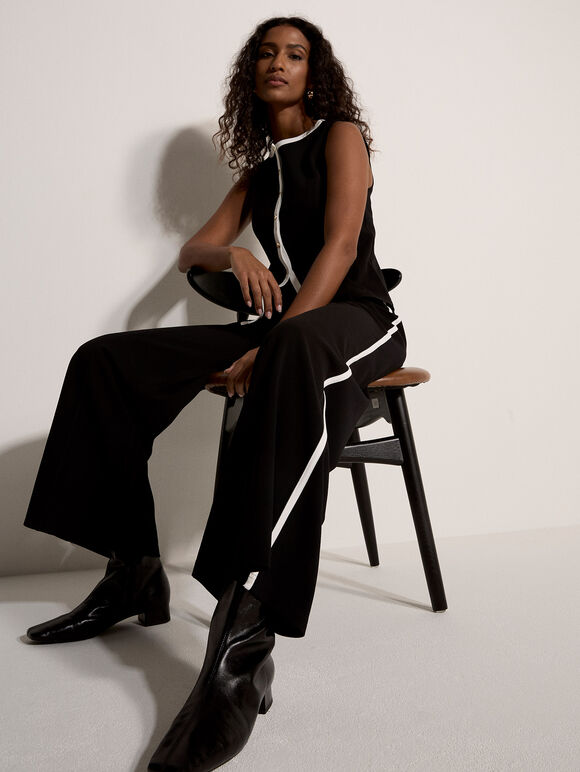 Jersey Crepe Stripe Wide-Leg Trousers, Black, large