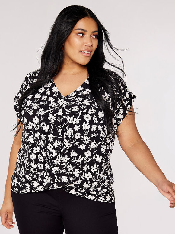 Curve Floral  Wrap Top, Black, large