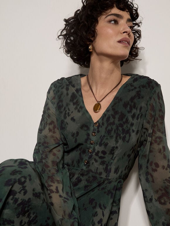 Leopard Print Chiffon Midi Dress, Khaki, large