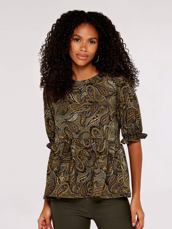 Paisley Billow Sleeve Top, Khaki, large