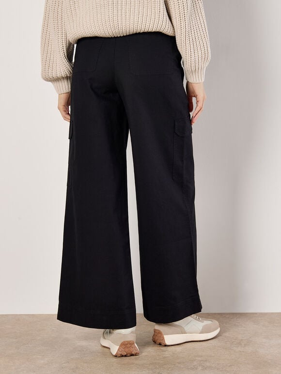 Wide Leg Cotton Cargo Trousers, Black, large