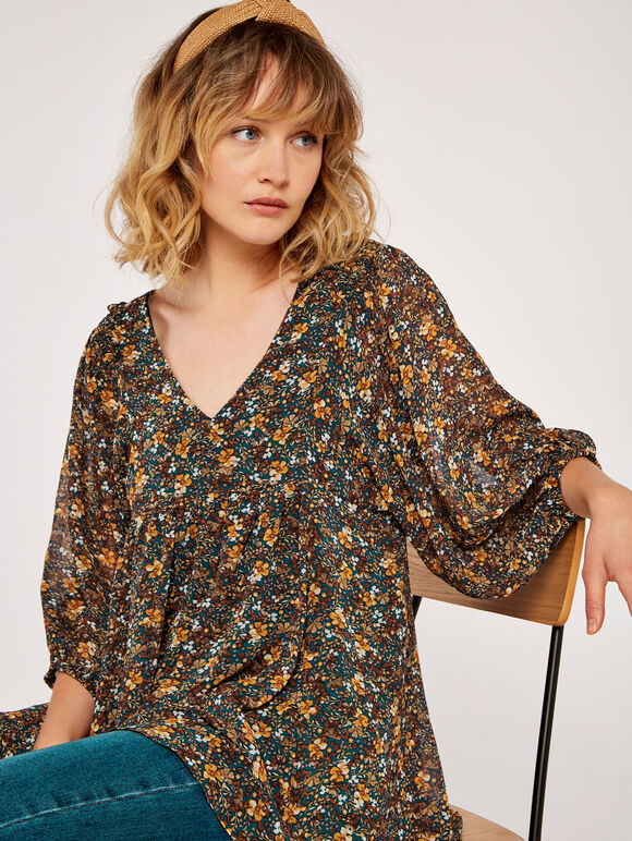 Ditsy Puff Sleeve Top, Green, large