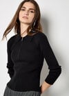 Zip Through Ribbed Knit Cardigan, Black, large