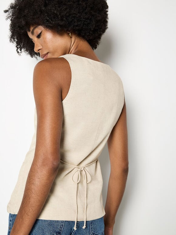 Button Down Woven Vest Top, Stone, large