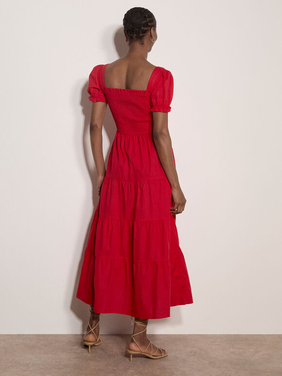 Cotton Tiered Milkmaid Midi Dress, Red, large