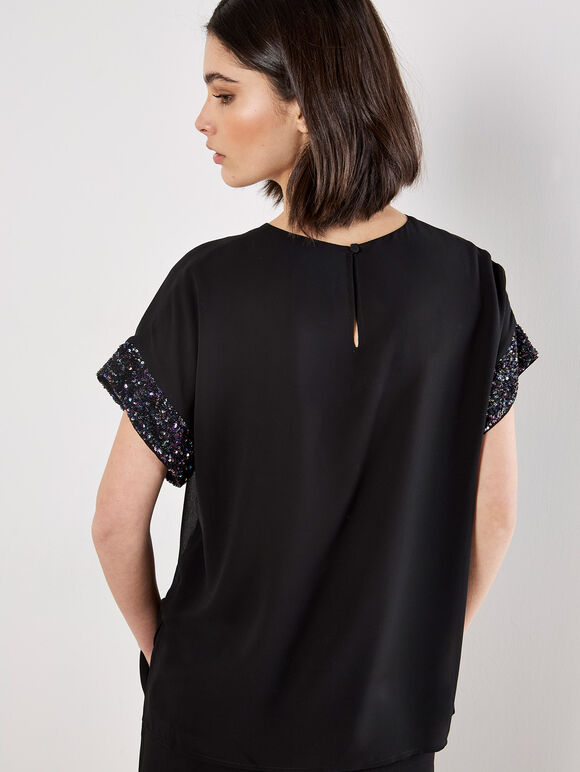 Sequin Trim Chiffon Layered T-Shirt, Assorted, large