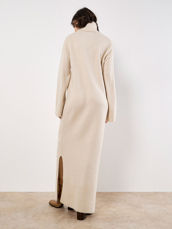 Roll Neck Jumper Maxi Dress, Stone, large