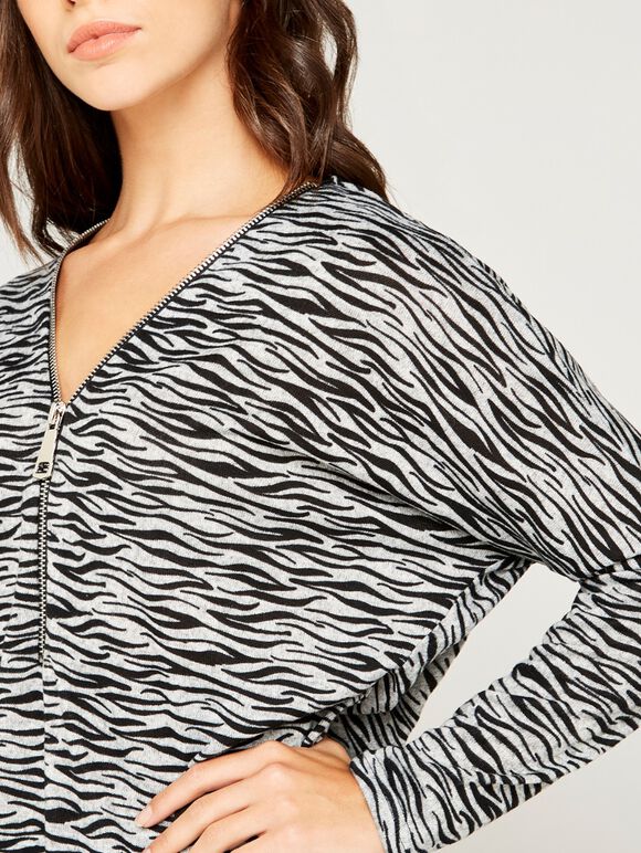 Zebra Big Zipper Top, Grey, large
