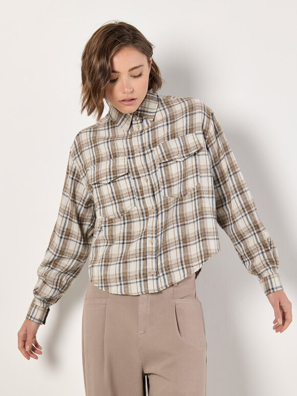 Cropped Check Shirt, Cream, large