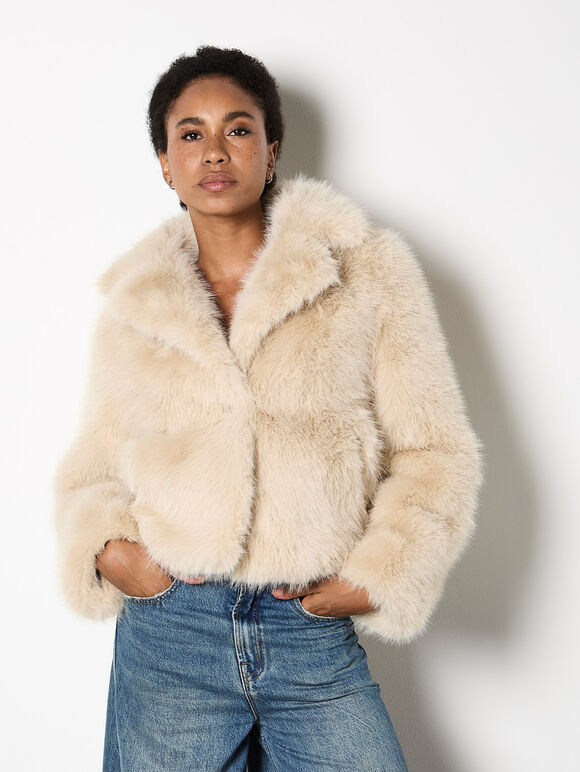 Faux Fur Short Coat, Cream, large
