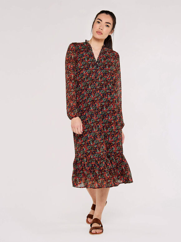 Pansy Ditsy Ruffle Dress, Navy, large