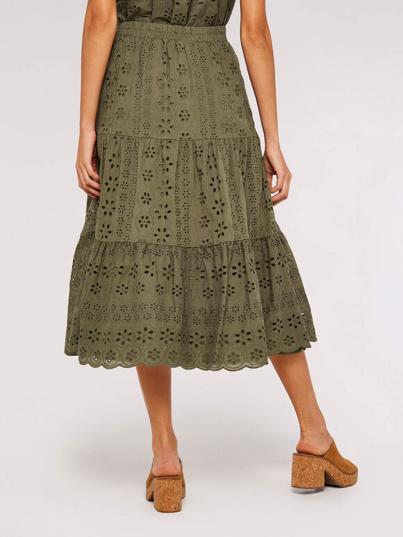 Broderie Anglaise Midi Skirt, Khaki, large