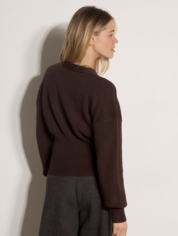 Ribbed Knit Hammered Button Cardigan, Brown, large