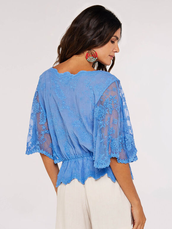 Floral Broderie Batwing Top, Blue, large