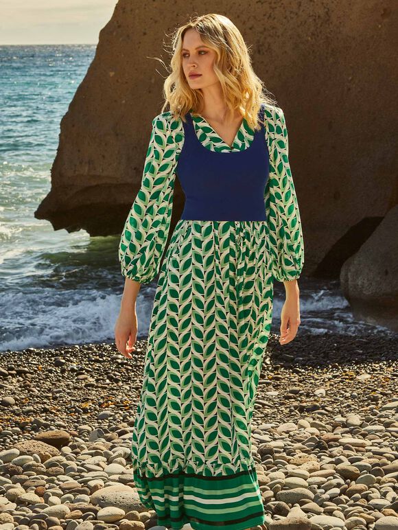 Geo Leaves Drawstring Maxi Dress, Green, large