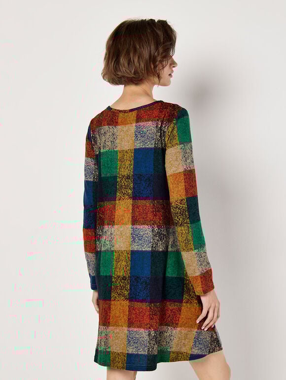 Colourful Patchwork Check Swing Mini Dress, Blue, large