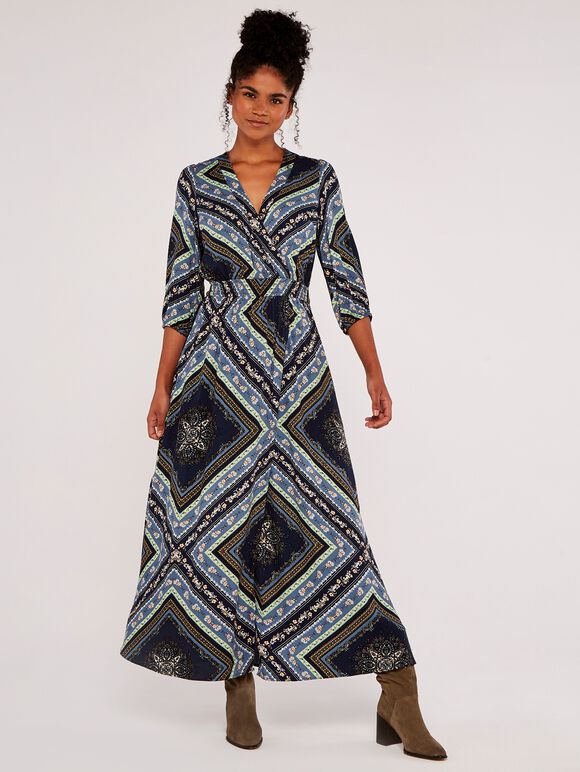 Scarf Print Maxi Dress, Navy, large