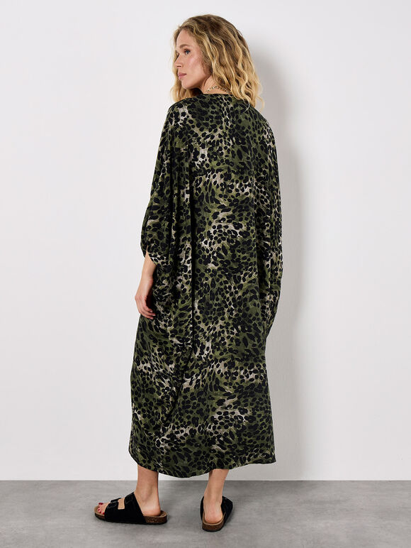 Leopard Print Kimono Midaxi Dress, Khaki, large