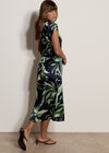 Tropical Leaf Satin Shirt Midi Dress, Navy, large
